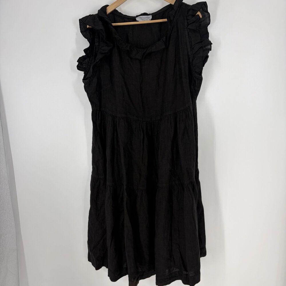 Haris Cotton Dress Size Large Black Linen Midi Coastal Ruffle Tier Shift Boho